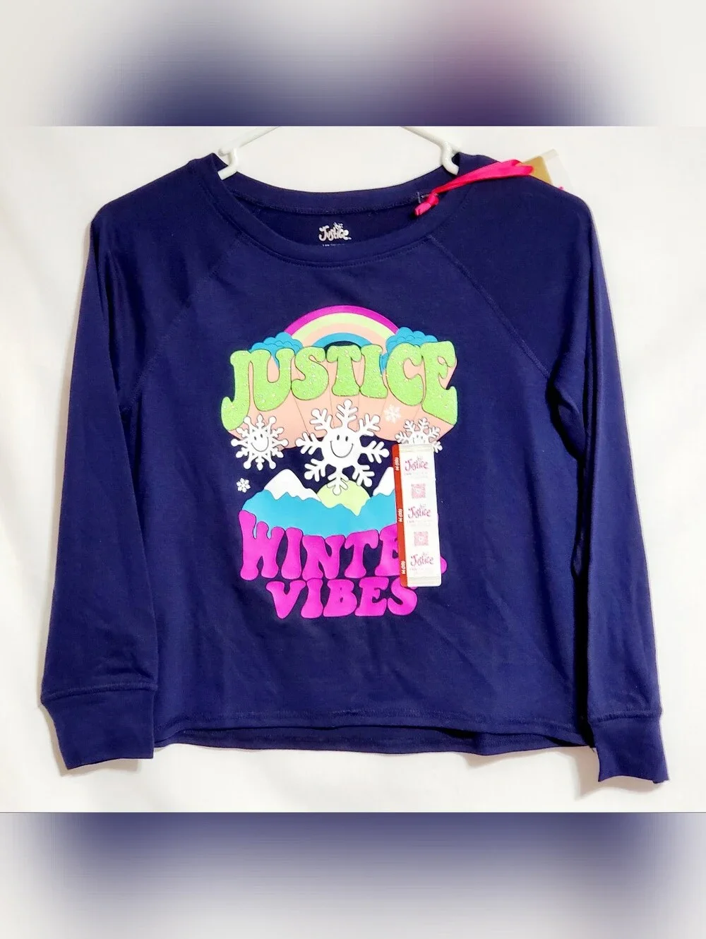 Justice Medium(10) Navy Shirt with Neon Rainbow Winter Graphic